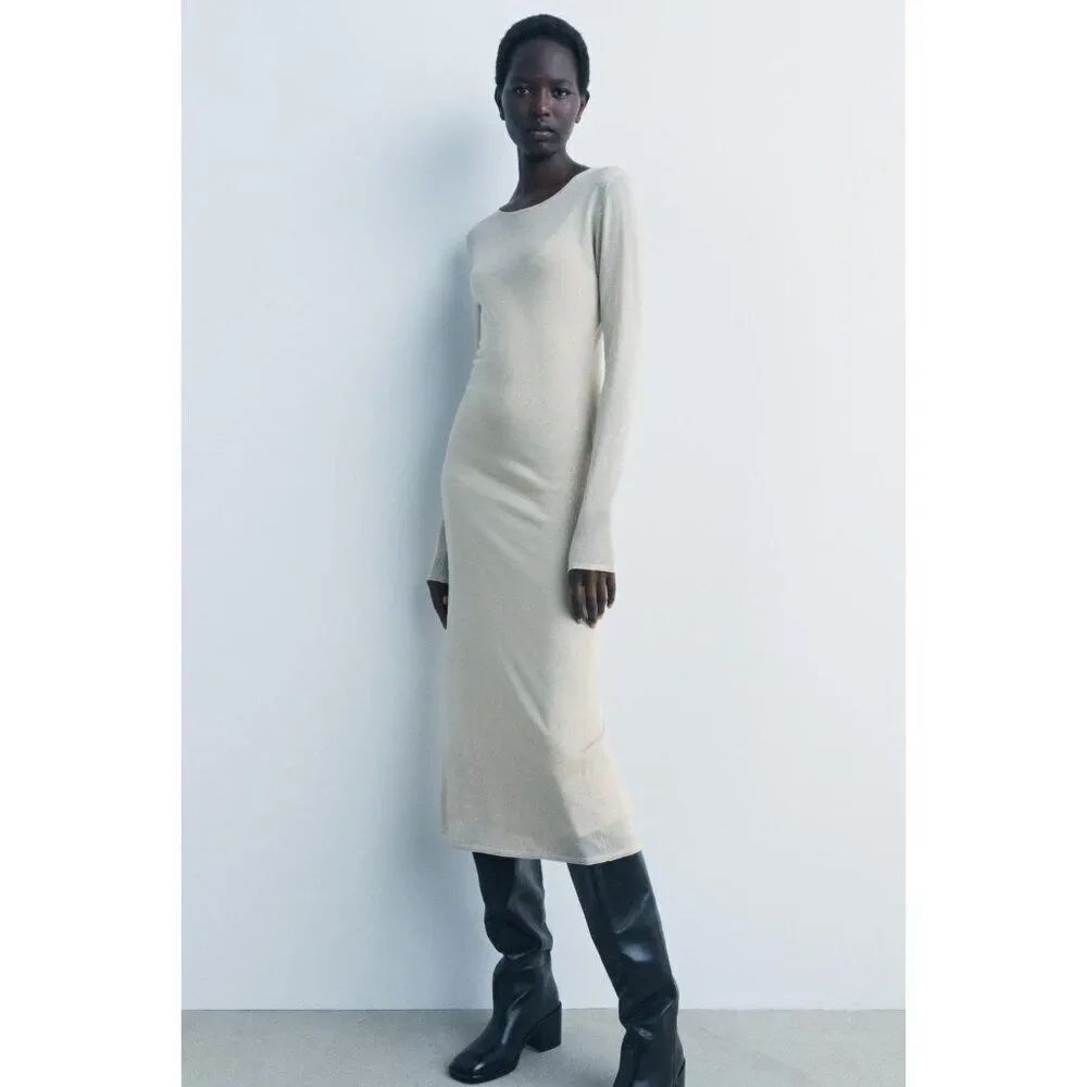 Zara Womens Midi Rhinestone Knit Dress Size M Long Sleeve Beige 9598/204 NWT